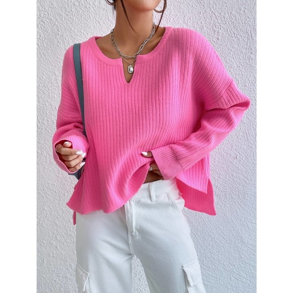 Hot pink barbie Notched Neck Drop Shoulder Split Hem Sweater - Picture 5 of 7